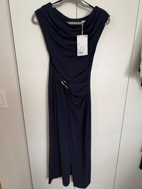 NWT Off the shoulder Navy Draped Midi Dress with Gold Accent - & other stories